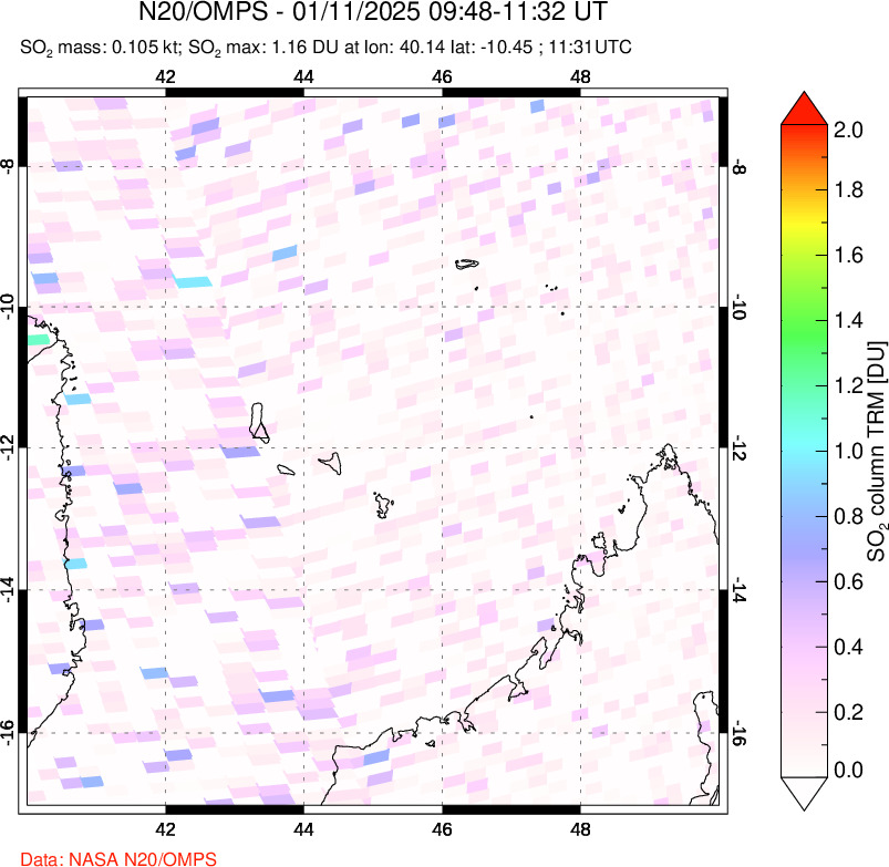 A sulfur dioxide image over Comoro Islands on Jan 11, 2025.