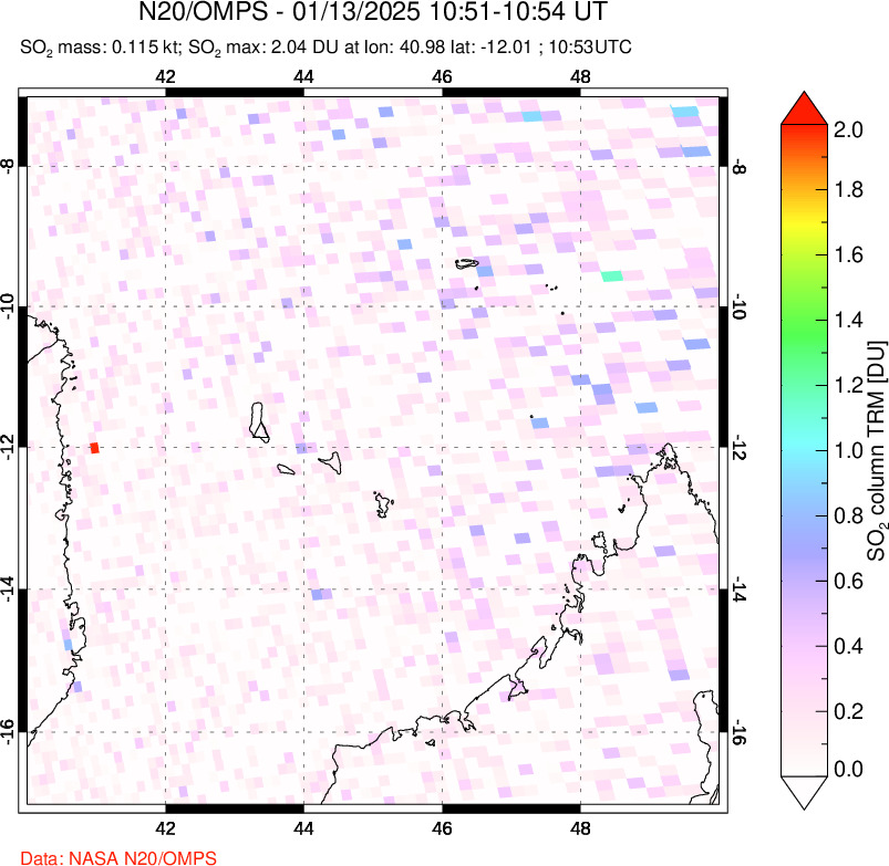 A sulfur dioxide image over Comoro Islands on Jan 13, 2025.