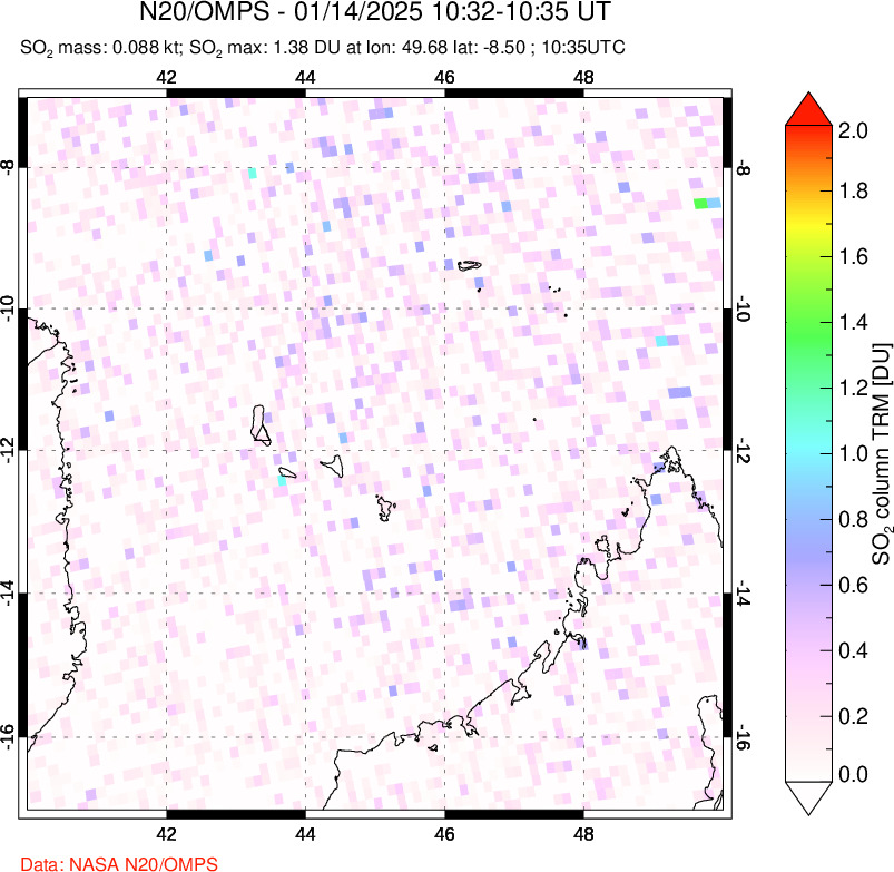 A sulfur dioxide image over Comoro Islands on Jan 14, 2025.