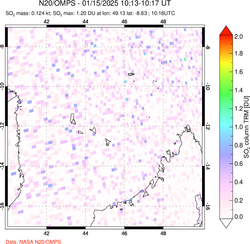 A sulfur dioxide image over Comoro Islands on Jan 15, 2025.