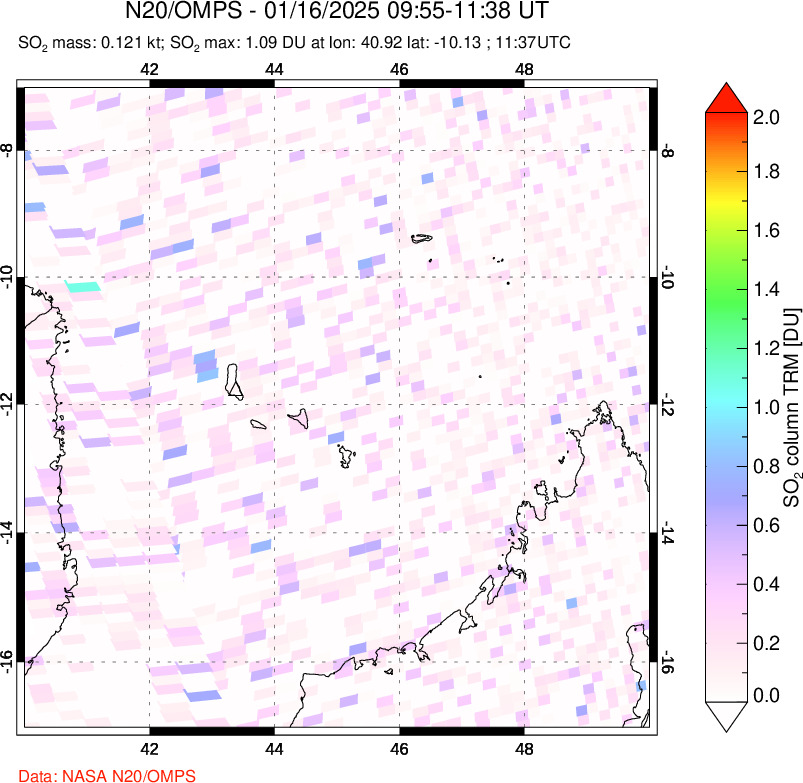 A sulfur dioxide image over Comoro Islands on Jan 16, 2025.