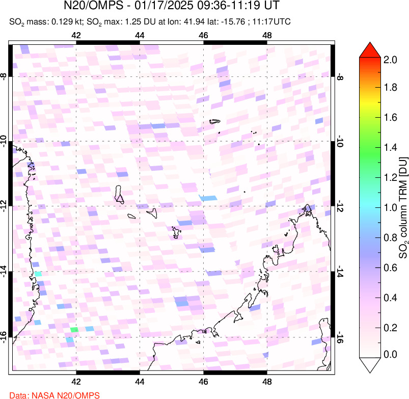 A sulfur dioxide image over Comoro Islands on Jan 17, 2025.