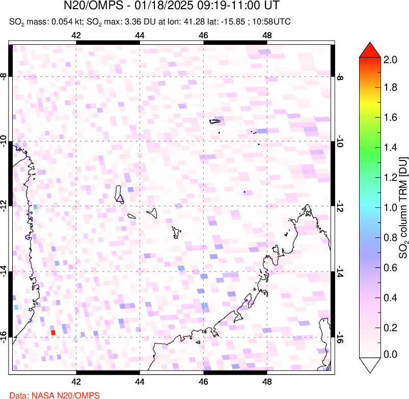 A sulfur dioxide image over Comoro Islands on Jan 18, 2025.