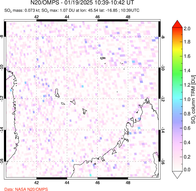 A sulfur dioxide image over Comoro Islands on Jan 19, 2025.