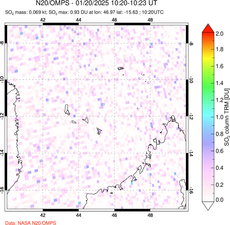 A sulfur dioxide image over Comoro Islands on Jan 20, 2025.