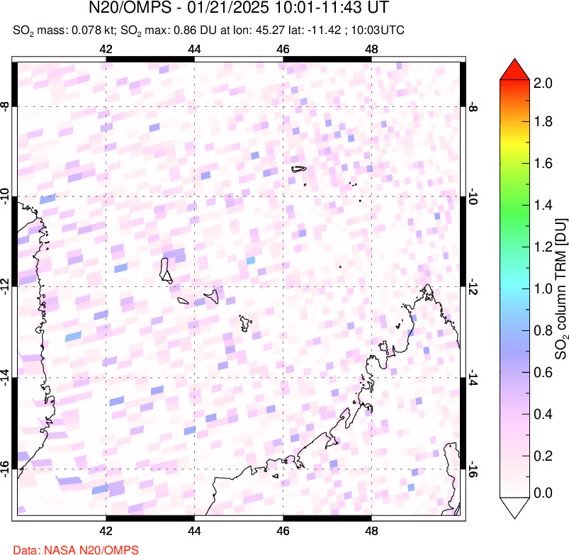 A sulfur dioxide image over Comoro Islands on Jan 21, 2025.