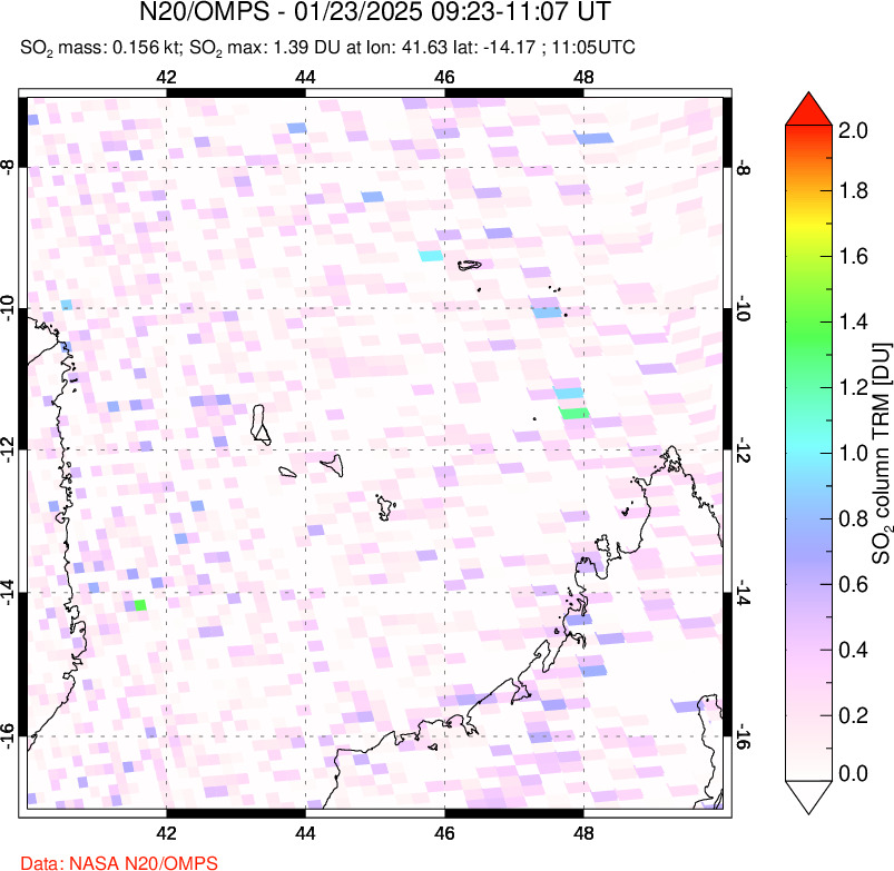 A sulfur dioxide image over Comoro Islands on Jan 23, 2025.