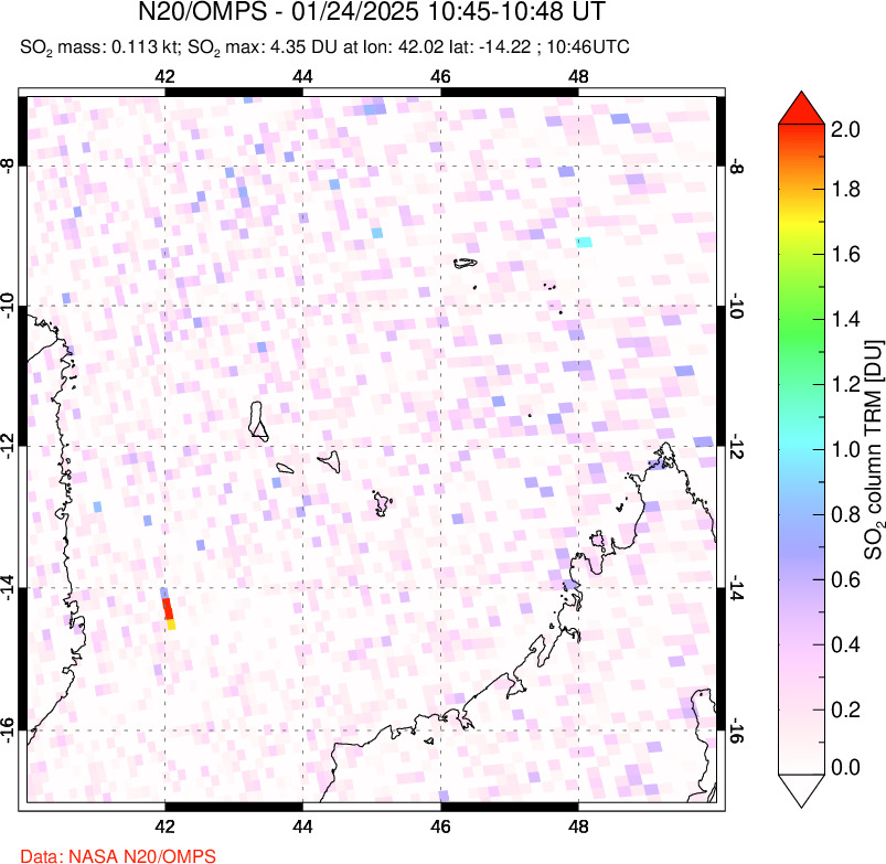 A sulfur dioxide image over Comoro Islands on Jan 24, 2025.