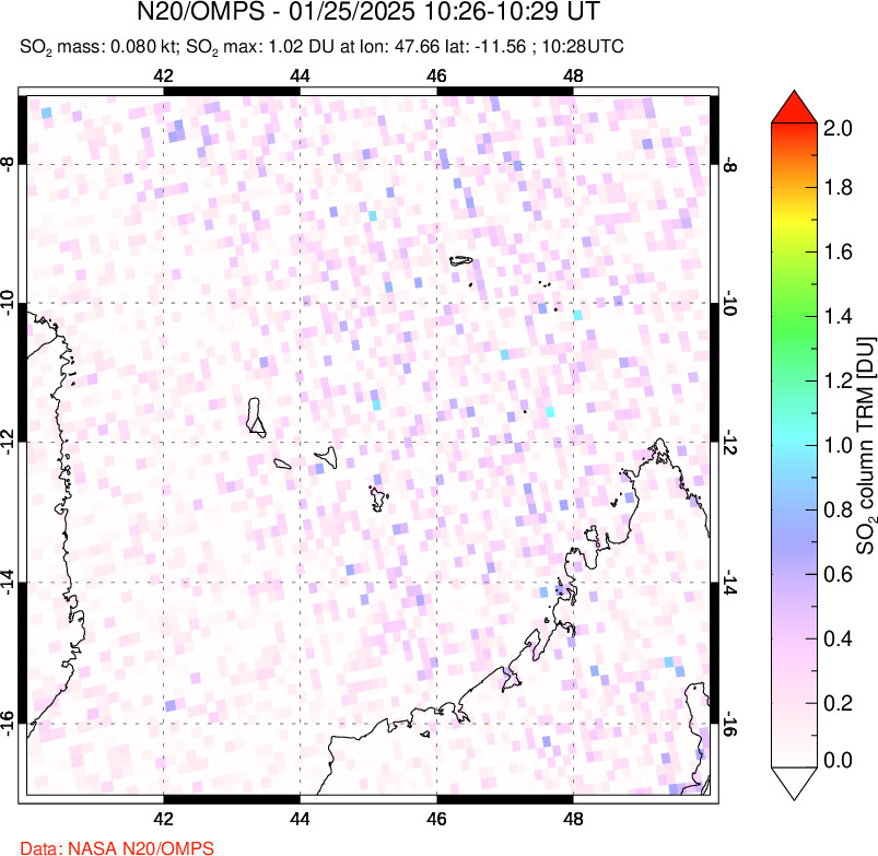 A sulfur dioxide image over Comoro Islands on Jan 25, 2025.