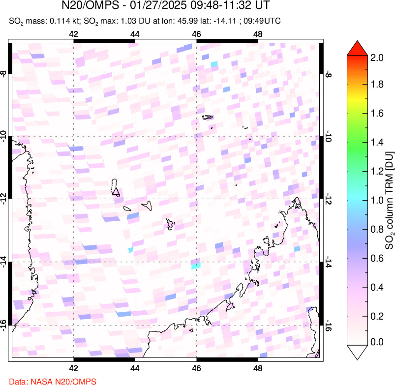 A sulfur dioxide image over Comoro Islands on Jan 27, 2025.