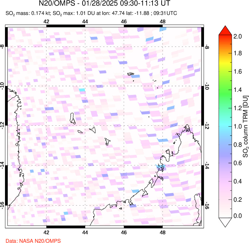 A sulfur dioxide image over Comoro Islands on Jan 28, 2025.