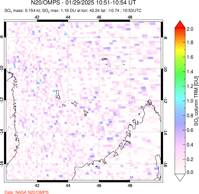 A sulfur dioxide image over Comoro Islands on Jan 29, 2025.