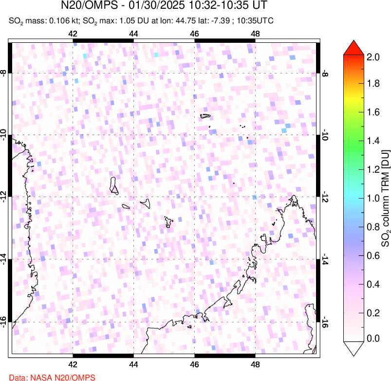 A sulfur dioxide image over Comoro Islands on Jan 30, 2025.