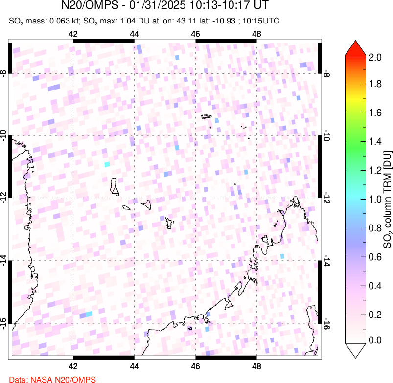 A sulfur dioxide image over Comoro Islands on Jan 31, 2025.