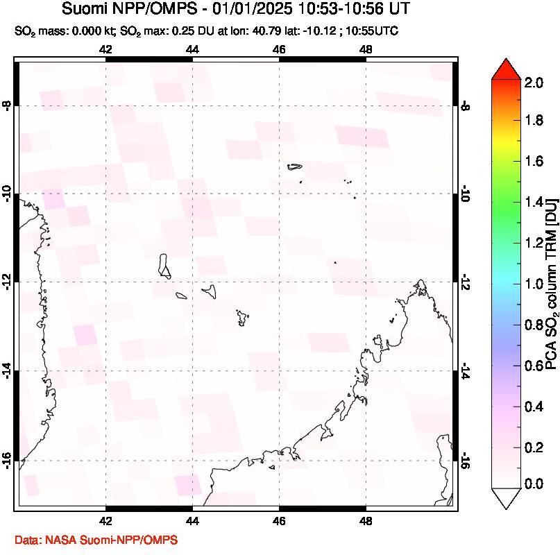 A sulfur dioxide image over Comoro Islands on Jan 01, 2025.