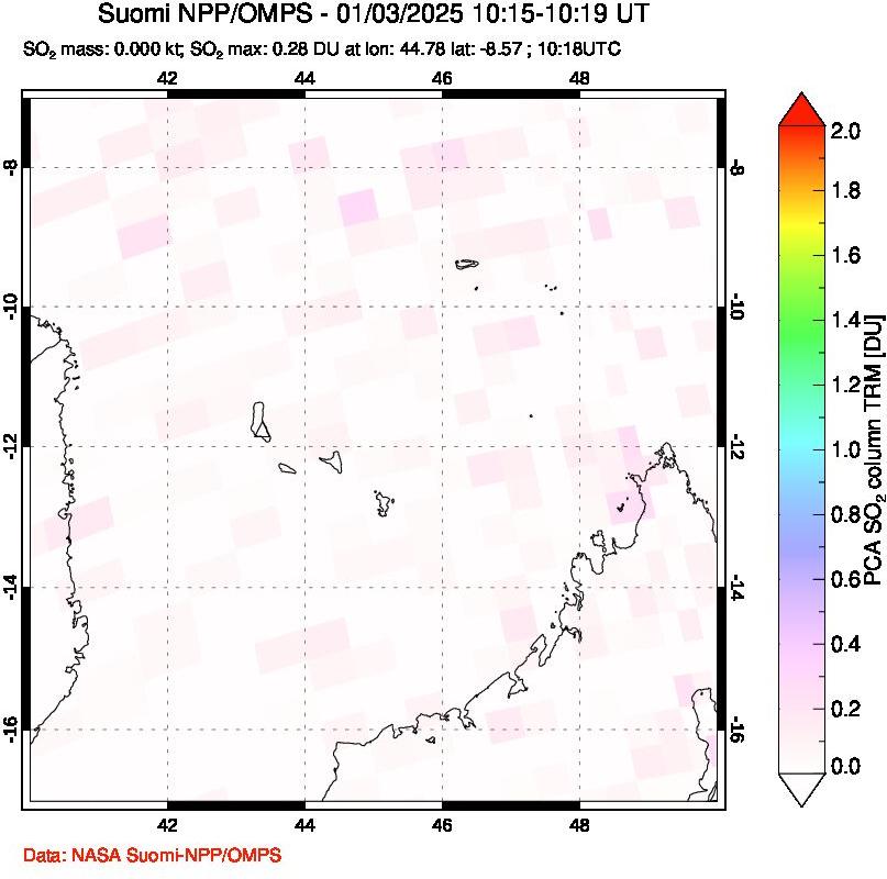 A sulfur dioxide image over Comoro Islands on Jan 03, 2025.