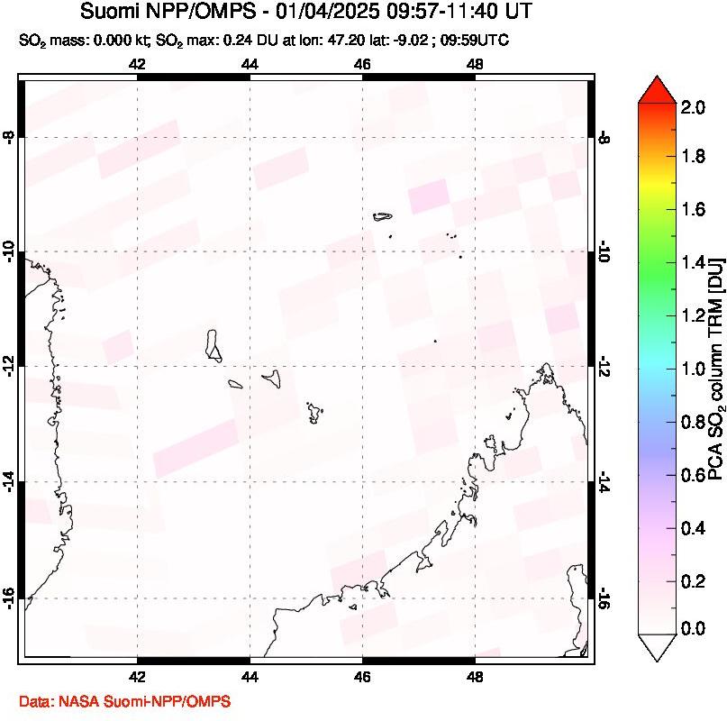 A sulfur dioxide image over Comoro Islands on Jan 04, 2025.