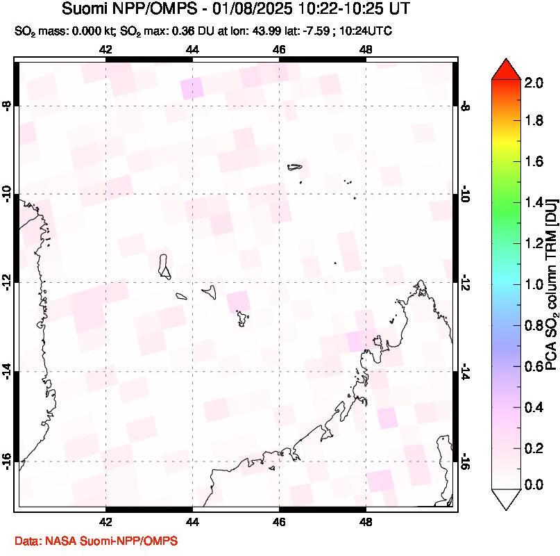 A sulfur dioxide image over Comoro Islands on Jan 08, 2025.