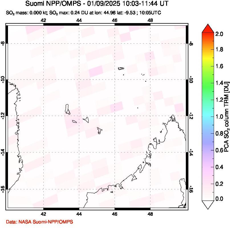 A sulfur dioxide image over Comoro Islands on Jan 09, 2025.