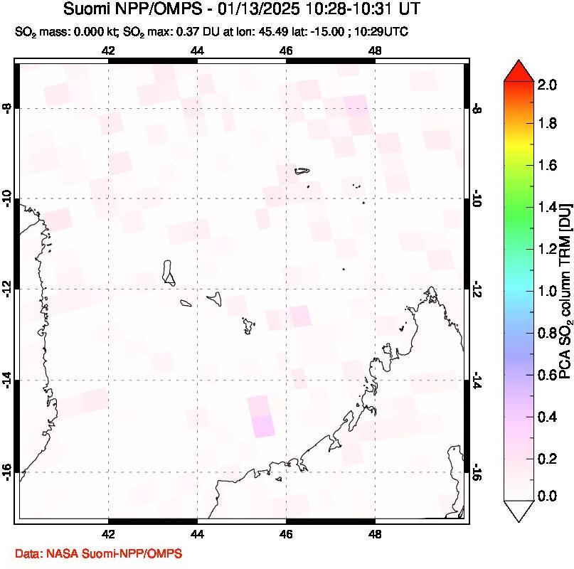 A sulfur dioxide image over Comoro Islands on Jan 13, 2025.