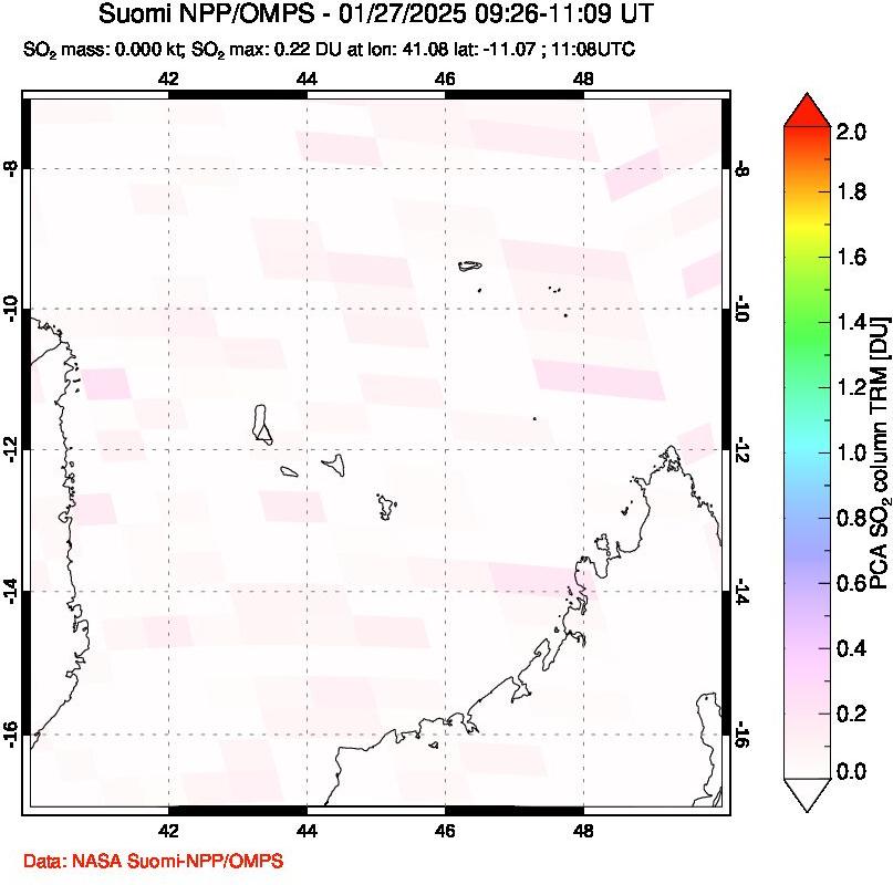 A sulfur dioxide image over Comoro Islands on Jan 27, 2025.