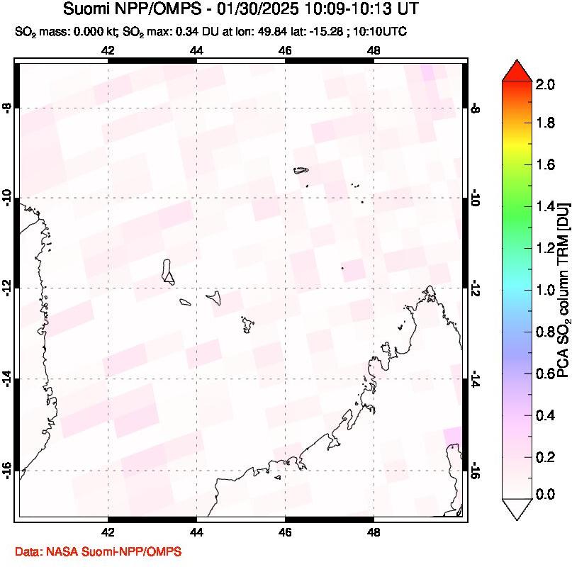 A sulfur dioxide image over Comoro Islands on Jan 30, 2025.