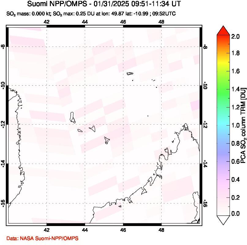 A sulfur dioxide image over Comoro Islands on Jan 31, 2025.