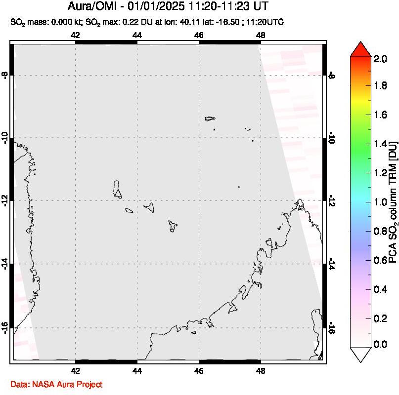 A sulfur dioxide image over Comoro Islands on Jan 01, 2025.