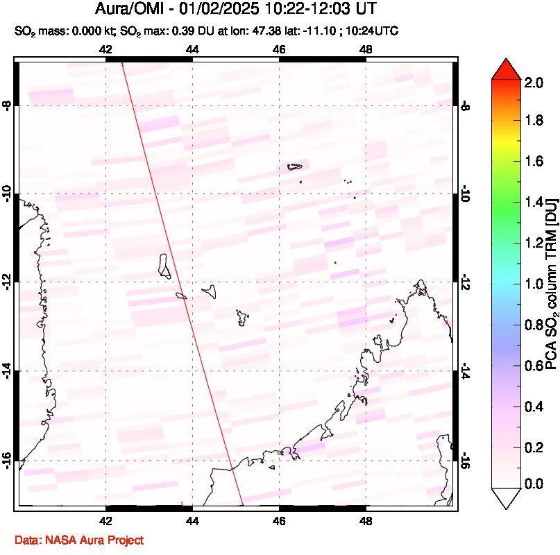 A sulfur dioxide image over Comoro Islands on Jan 02, 2025.