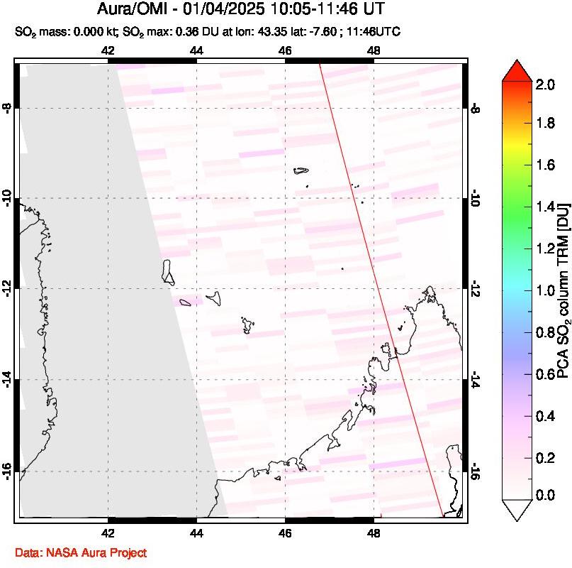 A sulfur dioxide image over Comoro Islands on Jan 04, 2025.