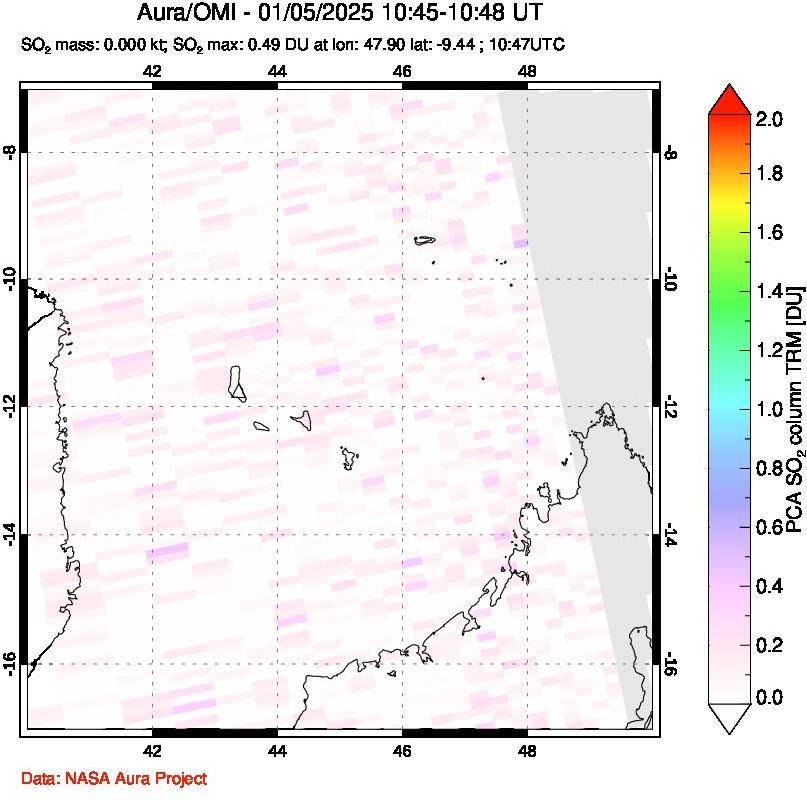 A sulfur dioxide image over Comoro Islands on Jan 05, 2025.