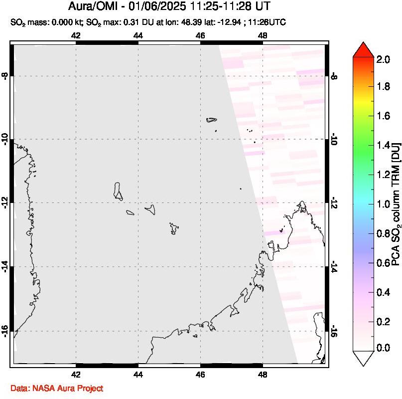 A sulfur dioxide image over Comoro Islands on Jan 06, 2025.