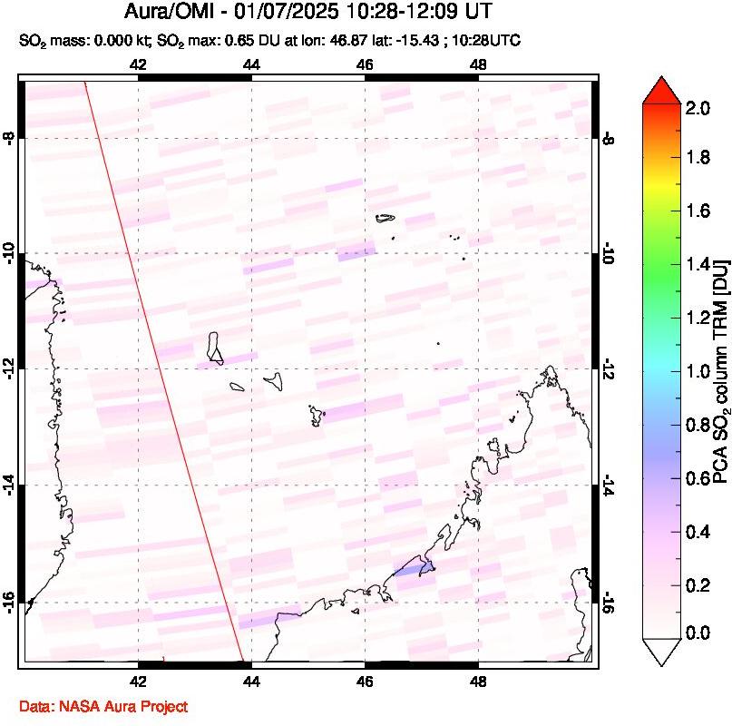 A sulfur dioxide image over Comoro Islands on Jan 07, 2025.