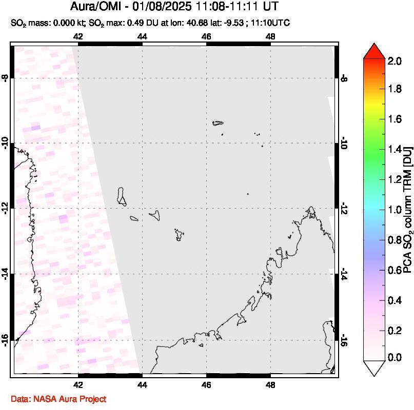 A sulfur dioxide image over Comoro Islands on Jan 08, 2025.