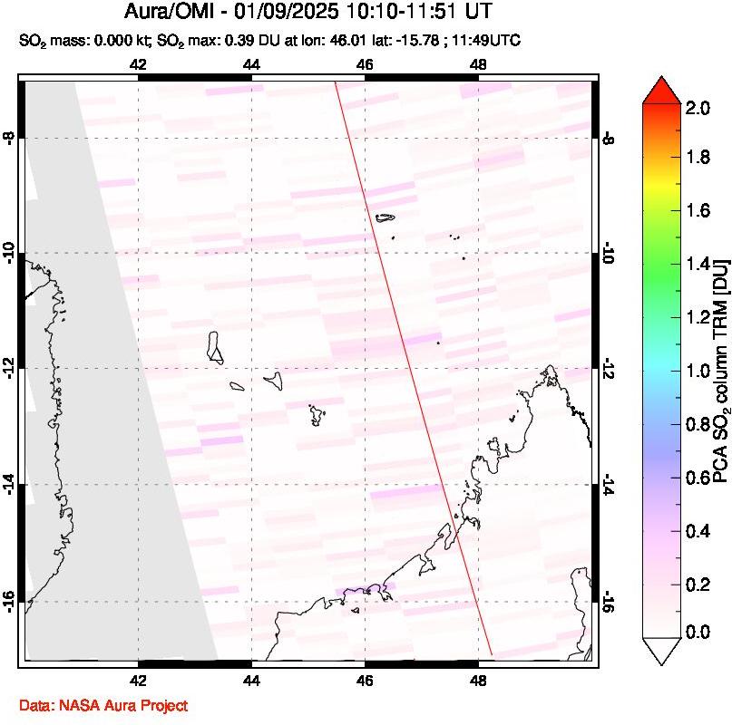 A sulfur dioxide image over Comoro Islands on Jan 09, 2025.