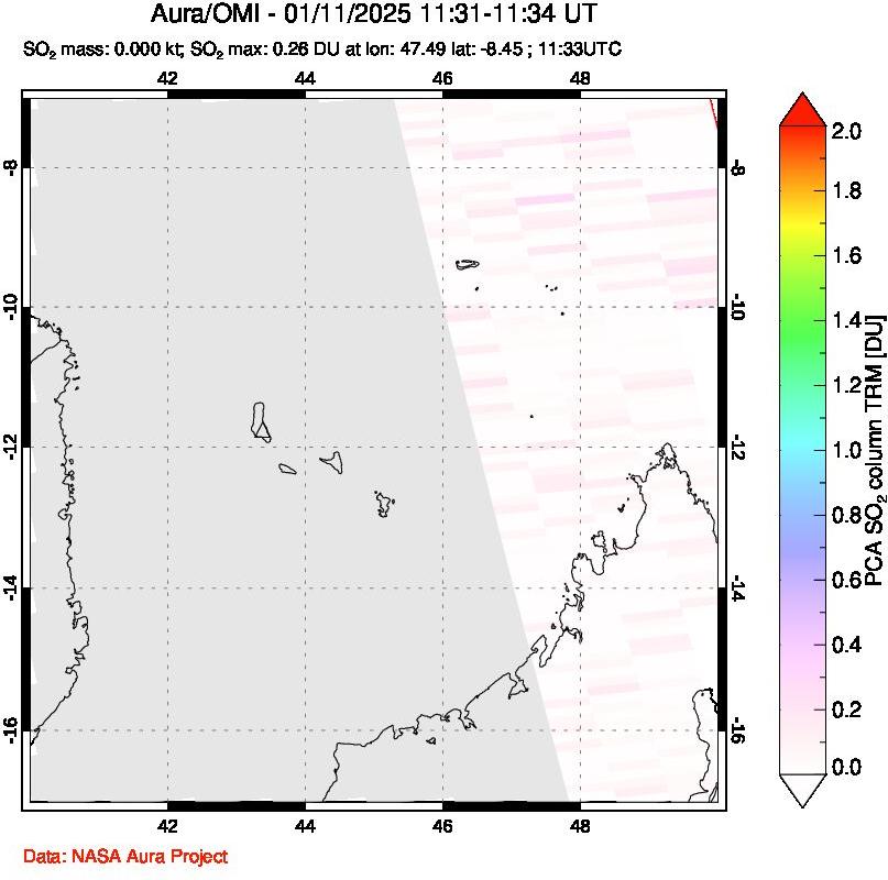 A sulfur dioxide image over Comoro Islands on Jan 11, 2025.