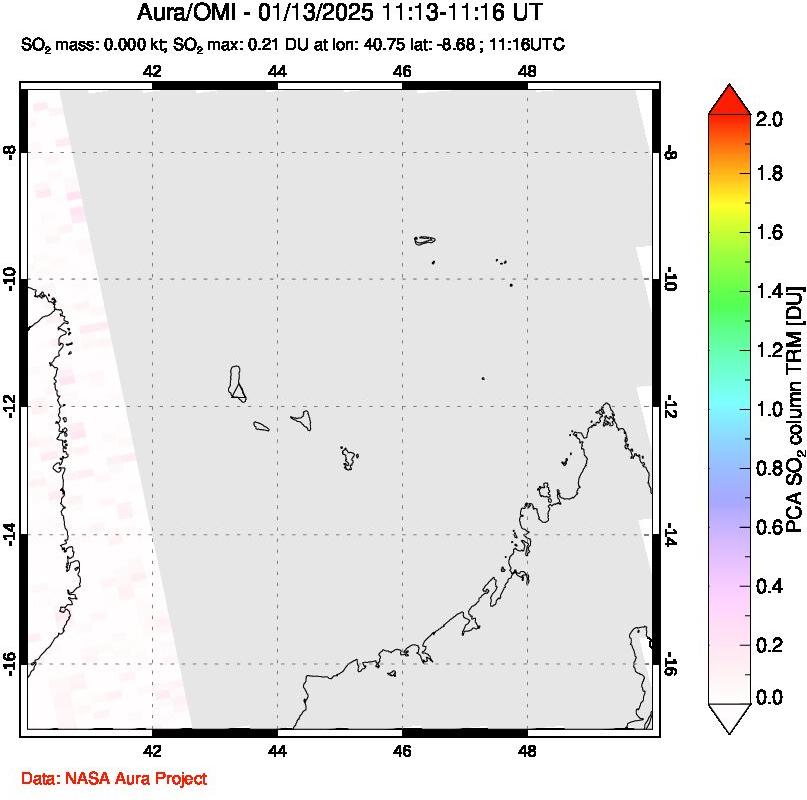 A sulfur dioxide image over Comoro Islands on Jan 13, 2025.