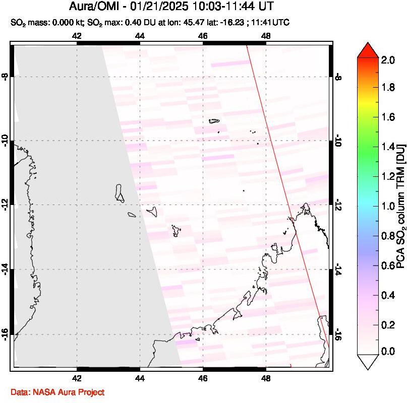 A sulfur dioxide image over Comoro Islands on Jan 21, 2025.