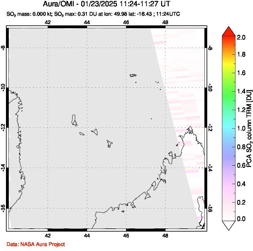 A sulfur dioxide image over Comoro Islands on Jan 23, 2025.