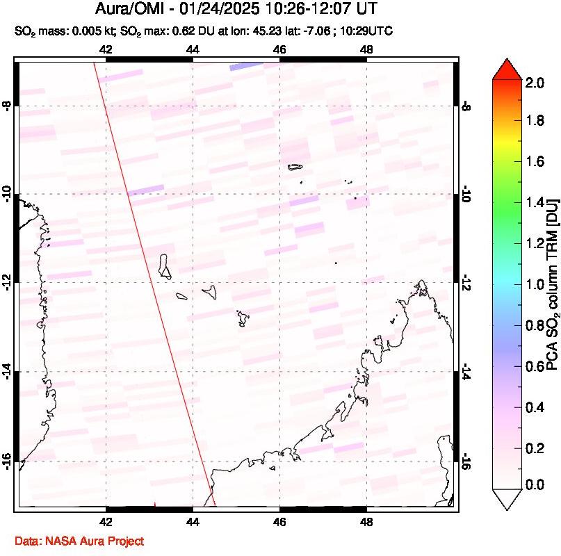 A sulfur dioxide image over Comoro Islands on Jan 24, 2025.