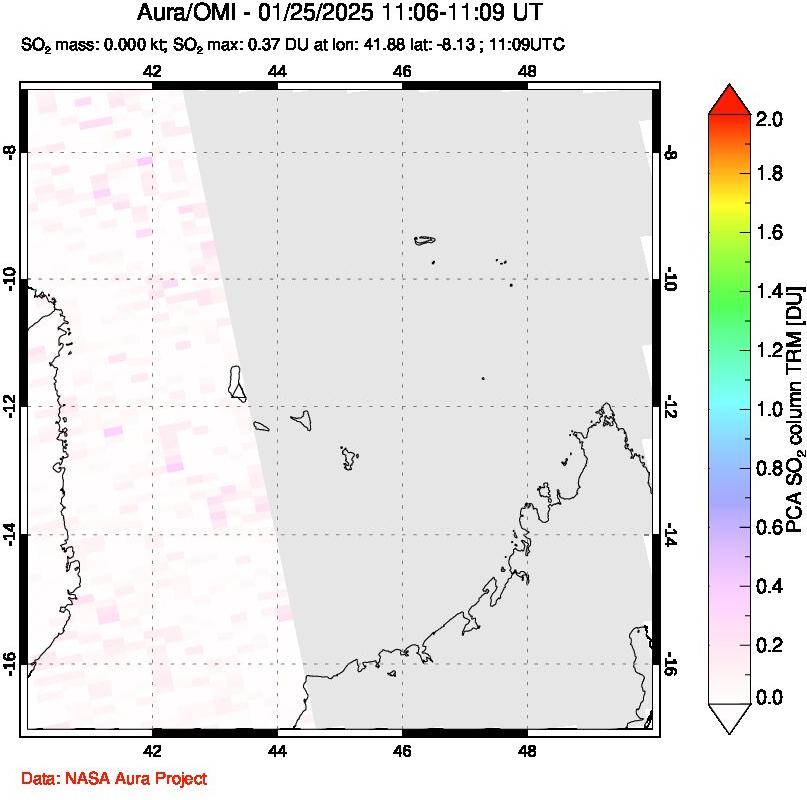 A sulfur dioxide image over Comoro Islands on Jan 25, 2025.