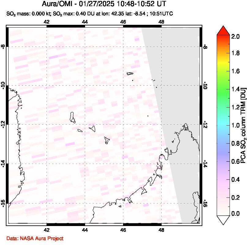 A sulfur dioxide image over Comoro Islands on Jan 27, 2025.