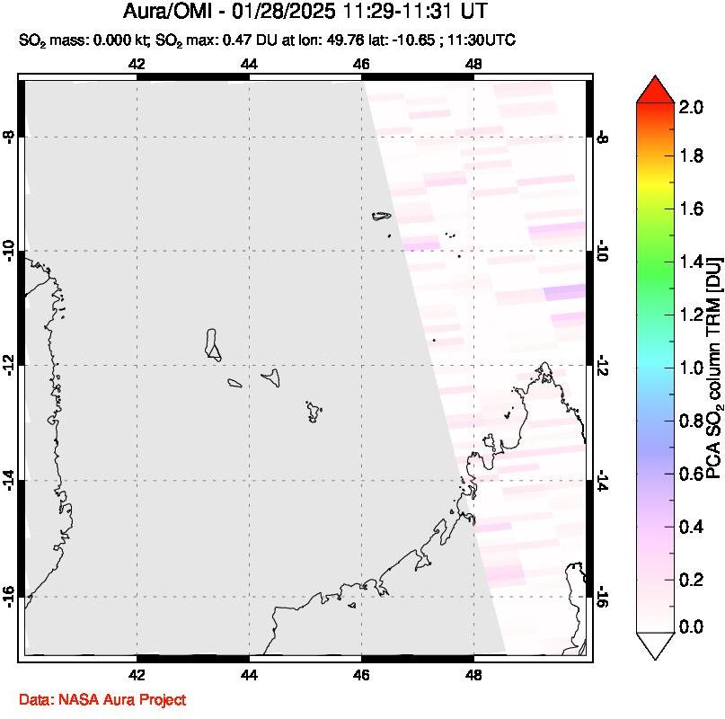 A sulfur dioxide image over Comoro Islands on Jan 28, 2025.