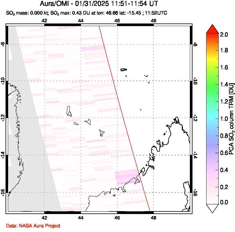 A sulfur dioxide image over Comoro Islands on Jan 31, 2025.