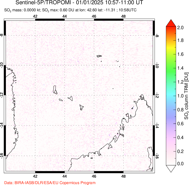 A sulfur dioxide image over Comoro Islands on Jan 01, 2025.