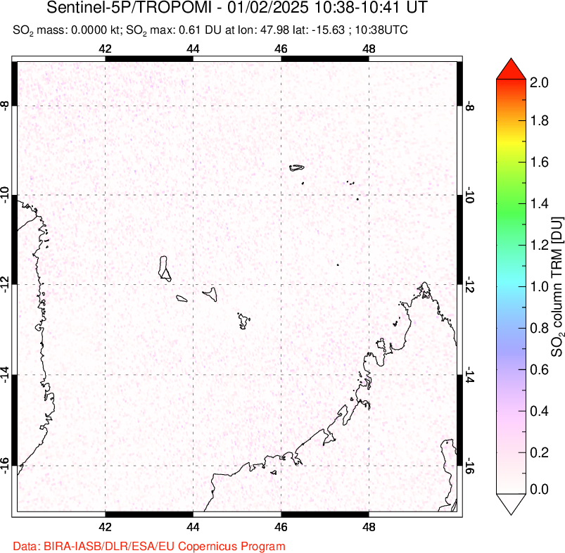 A sulfur dioxide image over Comoro Islands on Jan 02, 2025.