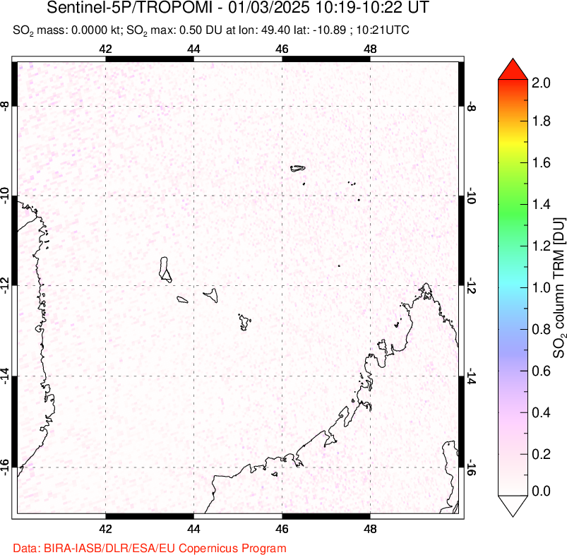 A sulfur dioxide image over Comoro Islands on Jan 03, 2025.