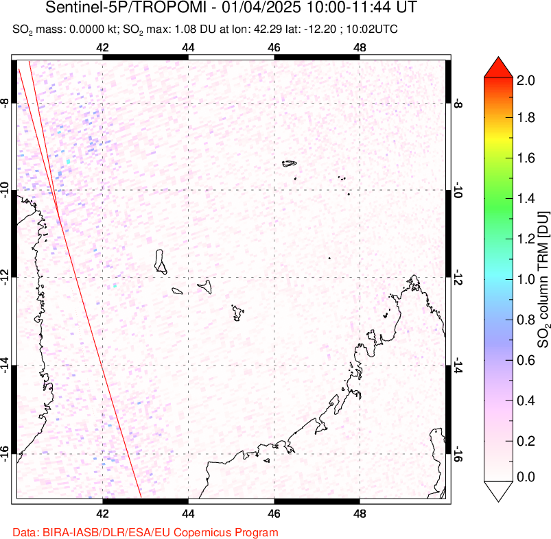 A sulfur dioxide image over Comoro Islands on Jan 04, 2025.