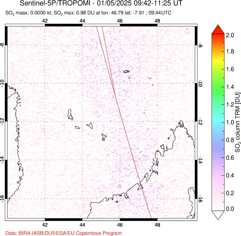 A sulfur dioxide image over Comoro Islands on Jan 05, 2025.