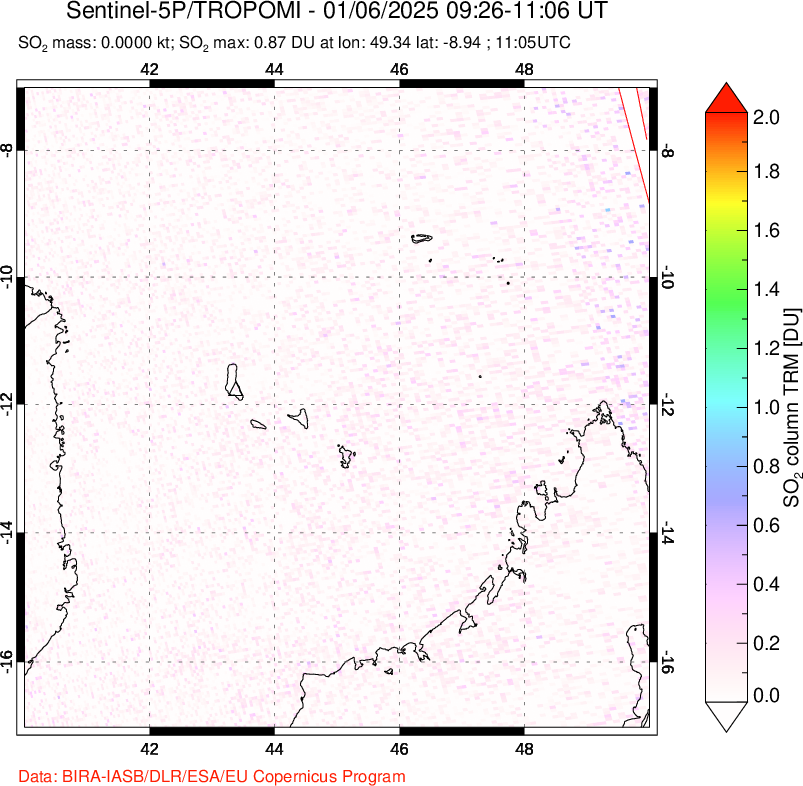 A sulfur dioxide image over Comoro Islands on Jan 06, 2025.